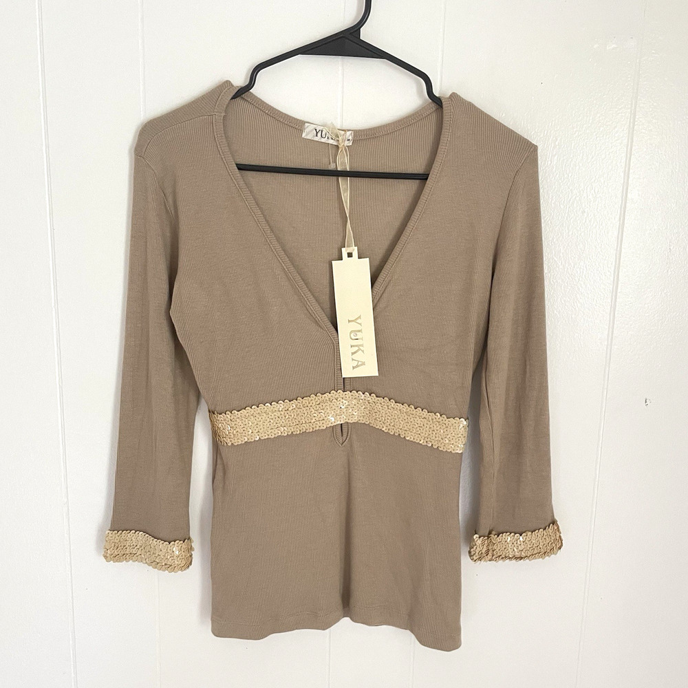 Y2K Taupe Babydoll Top‎ M NWT Gold Sequin Trim Fitted Long Sleeve Stretchy